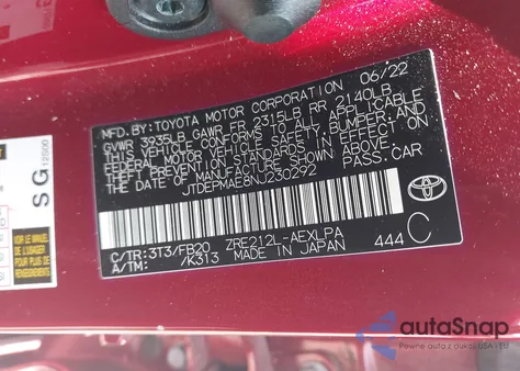 2022 Toyota Corolla Le from USA, damaged, VIN JTDEPMAE8NJ230292